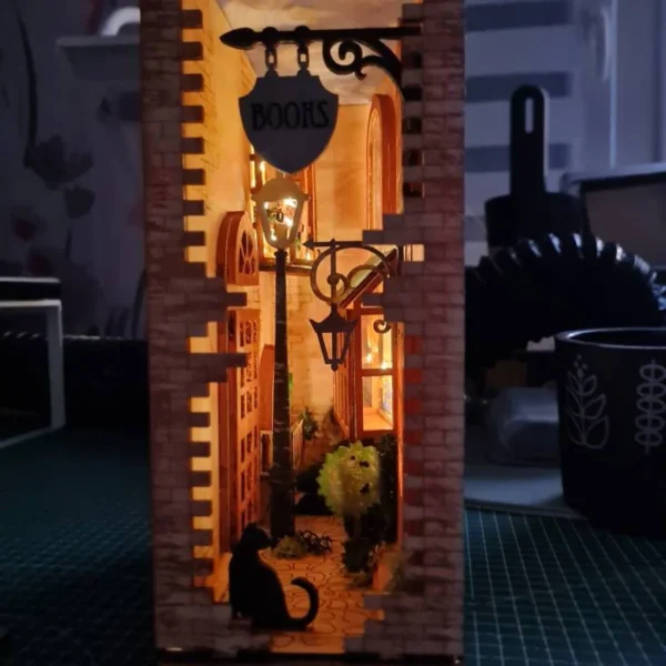 DXF, SVG Laser cut files Book Nook Magic street, Glowforge, Complete Kit, Books Shelf Insert, old town, cat, lights. Diorama